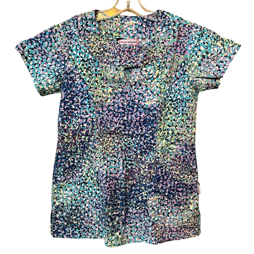 Scrub Works Top Womens XS Multi Color Floral Medical Dental Vet Office